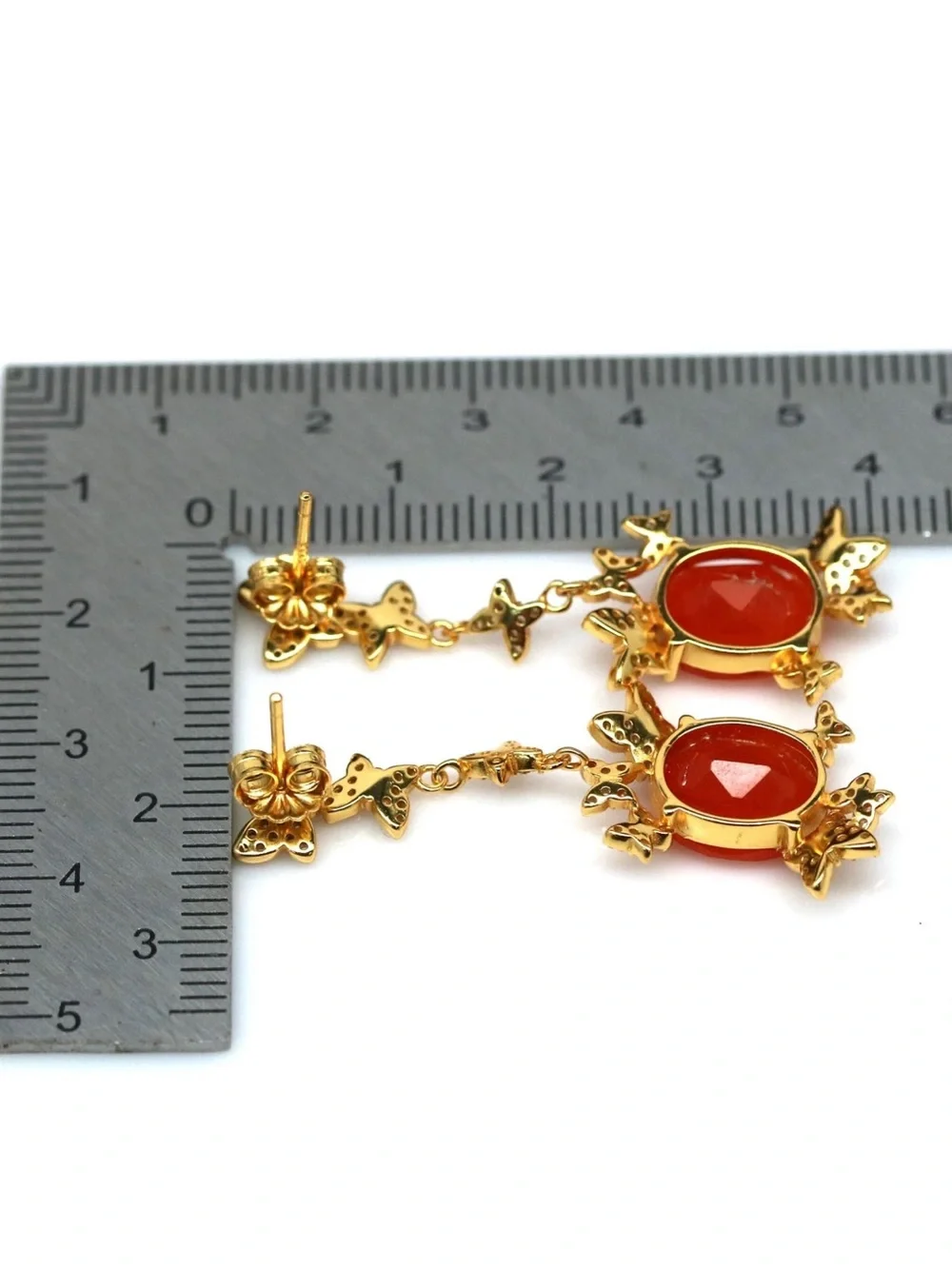 Natural Carnelian 3CT w/ Zircon in 18K Yellow Gold butterfly Dangle Earrings